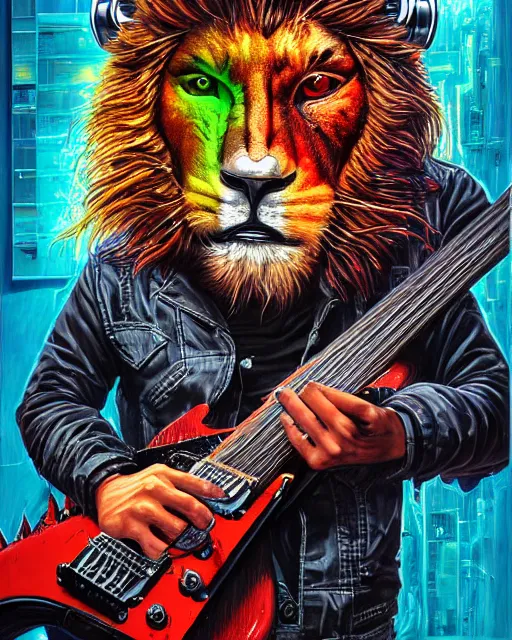 Prompt: a portrait of an anthropomorphic cyberpunk roaring lion shredding an electric guitar as the guitar melts by sandra chevrier, by jon foster, detailed render, tape deck, epic composition, cybernetics, 4 k realistic, cryengine, realistic shaded lighting, sharp focus, masterpiece, by enki bilal