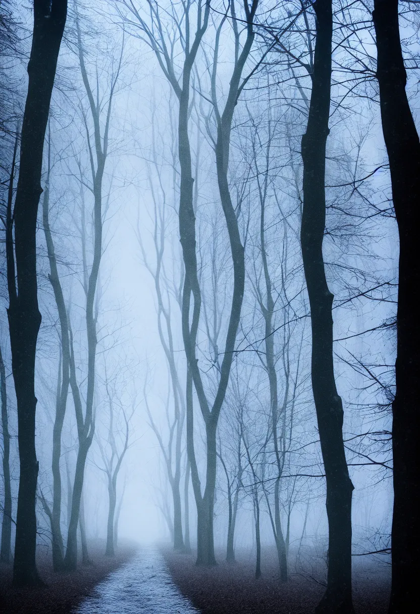 Image similar to eerie photo of a path in the middle of a frozen winter morning spooky forest, treelined, fog, award winning photography, anamorphic lens, f 2. 0, mystical, ultra high definition, ultra detailed,