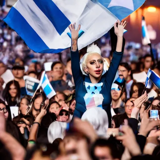 Image similar to Lady Gaga as president, Argentina presidential rally, Argentine flags behind, bokeh, giving a speech, detailed face, Argentina