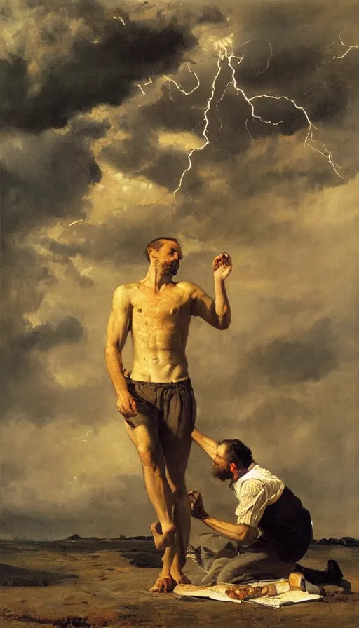 Prompt: still life painting of man getting struck by lightning, by Peder Krøyer, golden hour, dramatic lighting, epic, gargantuan, intricate detail, canvas print