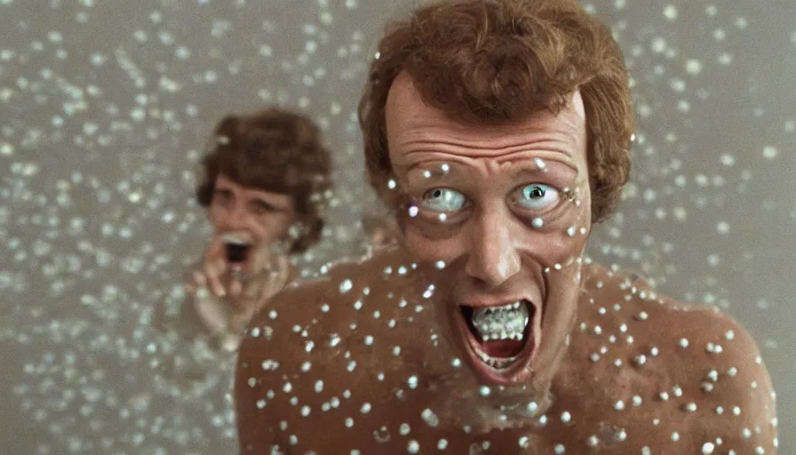 Prompt: 70s movie still of a man yelling with trypophobia flesh, eastmancolor, heavy grain, high quality, higly detailed, liminal space