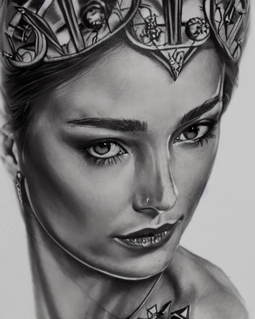 Image similar to realism tattoo sketch of jessica hart as a beautiful greek goddess aphrodite with piercing eyes wearing a laurel wreath and triangle earrings, in the style of greg rutkowski, amazing detail