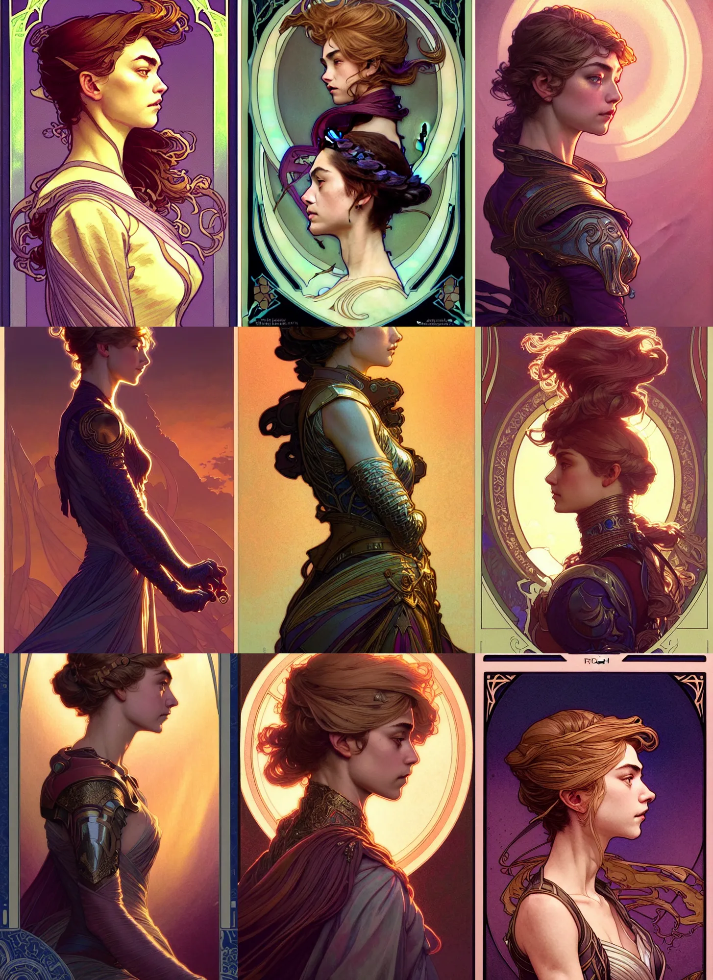 Prompt: side profile centered portrait, imogen poots paladin, by artgerm, cushart krenz, greg rutkowski. art nouveau tarot card by mucha. gloomhaven, backlit, swirly vibrant ripples, gaudy colors, sharp edges. ultra clear detailed. 8 k. elegant, intricate