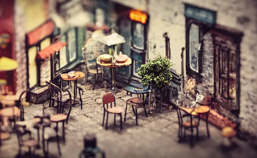 Image similar to miniature cafe diorama macro photography, cafe for mice, alleyway, ambient, atmospheric, british, bokeh, romantic