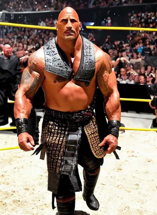 Prompt: dwayne johnson entering entrances ramp of smackdown as samurai!