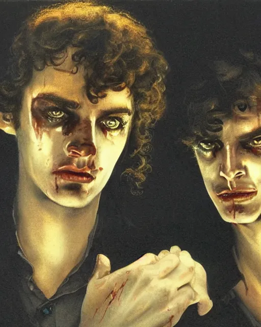 Prompt: two handsome but sinister young men in layers of fear, with haunted eyes and curly hair, 1 9 7 0 s, seventies, wallpaper, a little blood, moonlight showing injuries, delicate embellishments, painterly, offset printing technique, by john howe, brom, robert henri, walter popp