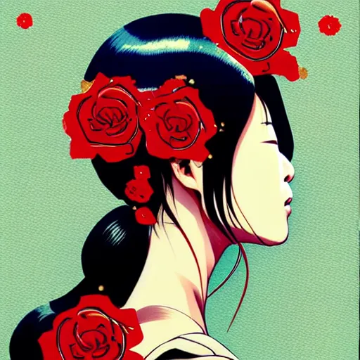 Prompt: portrait of japenese woman :: side profile :: in ocean :: roses and guns metal details :: gold :: blood and horror :: by marvel and Sandra Chevrier