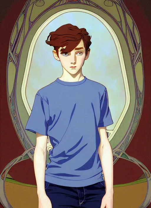 Image similar to art nouveau portrait of a teen boy with completely straight auburn hair, light blue eyes, pale skin, freckles, sad expression, t - shirt, modern casual clothing, natural lighting, path traced, highly detailed, high quality, cartoon, digital painting, by don bluth and ross tran and studio ghibli and alphonse mucha