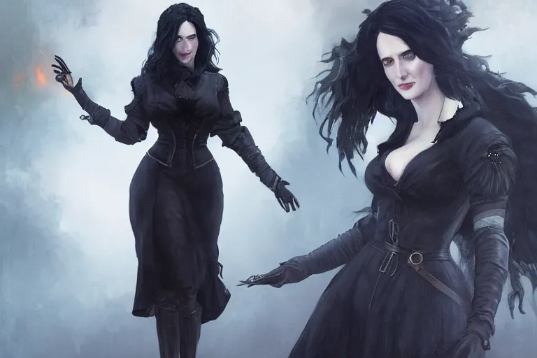 Prompt: A full body portrait of Eva Green as Yennefer from the Witcher 3 Game doing magic by Ruan Jia and Mandy Jurgens and Artgerm and william-adolphe bouguerea, highly detailed, trending on artstation, award winning, H 768