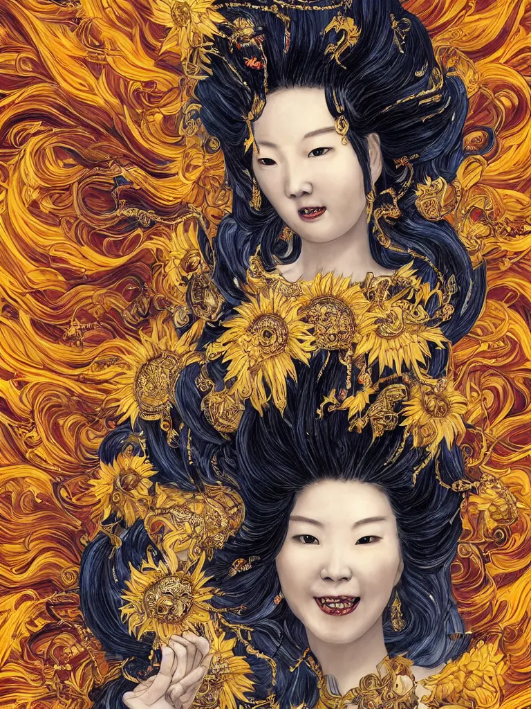 Prompt: Graceful portrait of the Sunflower Goddess, a Chinese female deity with 8 arms who brings joy and light onto the world with her smile and by channeling energy from the sun. Insanely nice professional hair style, dramatic hair colour, digital painting of a old 17th century, amber jewels and golden gemstones, baroque, ornate clothing, sci-fi, dark blue smoke background, flames, very realistic, chiaroscuro, art by Franz Hals and Jon Foster and Ayami Kojima and Amano and Karol Bal.