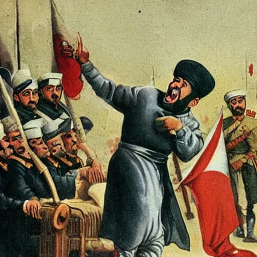 Prompt: a Propaganda image of a Tunisian man screaming at the Ottoman Sultan,