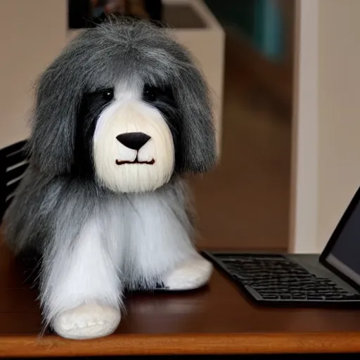 Prompt: bearded collie stuffed animal programmer types on the computer programming, cute, adorable, fluffy, digital art, UE5,