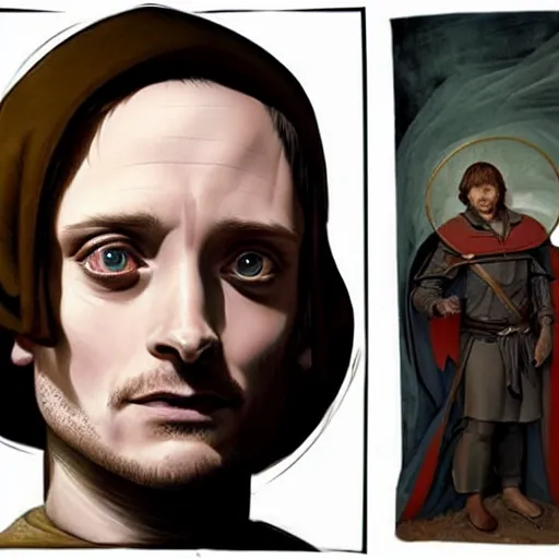 Image similar to Elijah wood, with an overwhelmed facial expression, as high level paladin in armor that is slightly to big for him, dungeons and dragons portrait, highly_detailed!!, Highly_detailed_face!!!, artstationhq, concept art, sharp focus, illustration, art by Leonardo da Vinci and Michelangelo and Botticelli