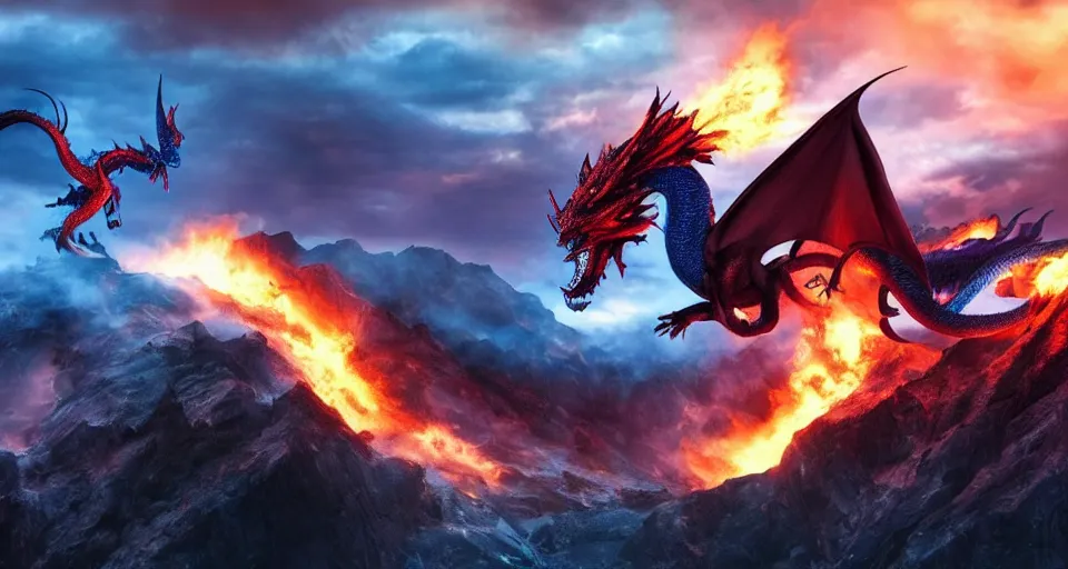 Image similar to a blue dragon standing on top of a mountain breathing fire, epic lighting, epic view, cinematic