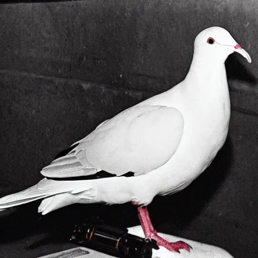 Prompt: grainy photograph of a white dove sitting on a tank gun during war night