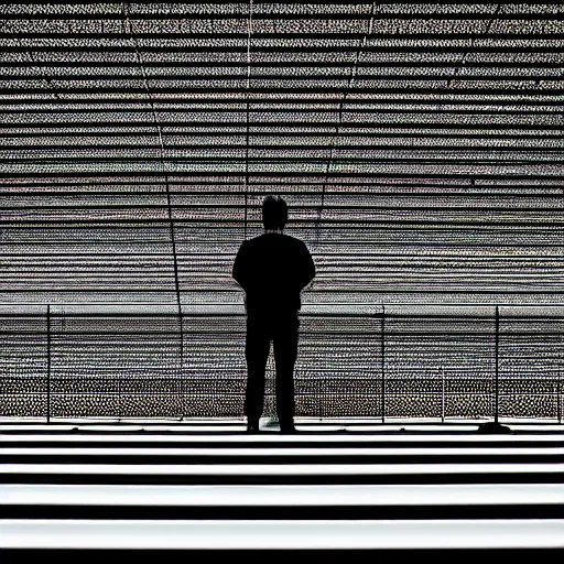 Prompt: a man standing in a room designed by ryoji ikeda and dan hillier, photographed by chris friel