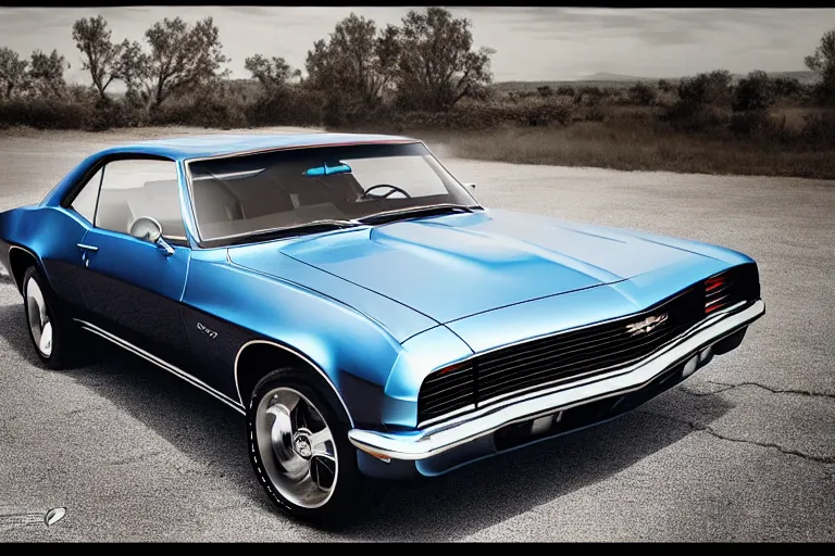 Image similar to designed by john delorean stylized poser of a single 1 9 6 7 chevrolet impala! 2 0 1 3 chevrolet camaro ss!!!! ( delorean ), large led lights, ektachrome photograph, volumetric lighting, f 8 aperture, cinematic eastman 5 3 8 4 film