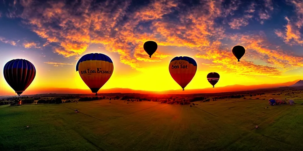 Image similar to hot air balloons, sunset, beautiful landscape, wide angle