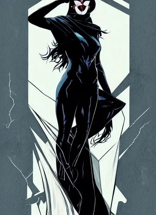 Image similar to Rafael Albuquerque comic art, Joshua Middleton comic art, scary Persian vampiress, modern, chic modest streetwear, evil smile, symmetrical face, symmetrical eyes, vampiric clothing, long wavy black hair, full body::8 stormy weather::2 no long neck