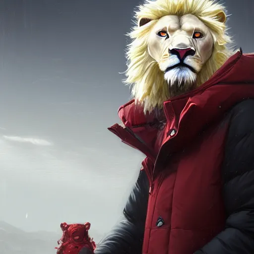 Image similar to commission portrait of a male anthro albino lion wearing a red-black puffer jacket.dramatic,character design by charles bowater,greg rutkowski,ross tran,hyperdetailed,hyperrealistic,4k,deviantart,artstation,professional photography,concept art