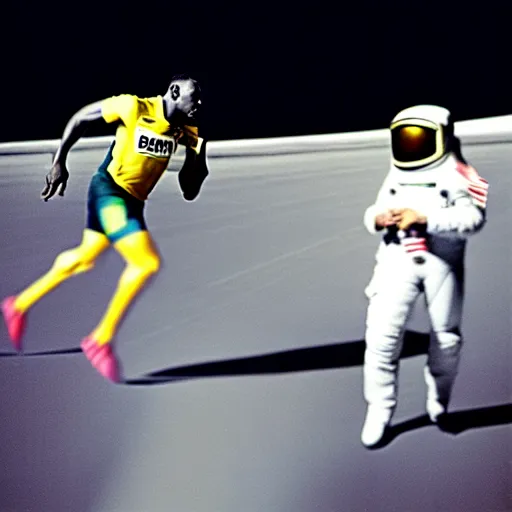 Prompt: usain bolt racing against an astronaut on the moon, kodachrome film