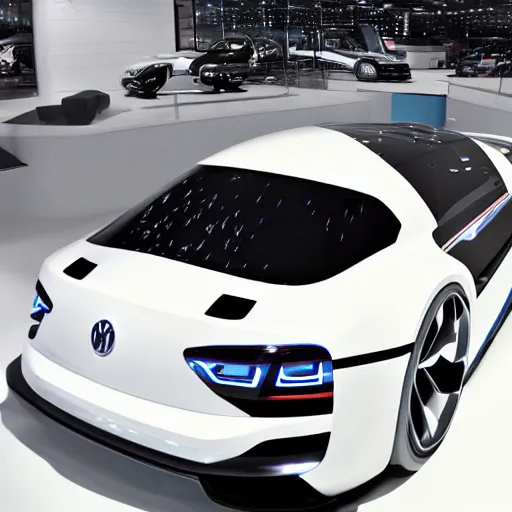 Image similar to a volkswagen concept racecar with agressive design in a showroom