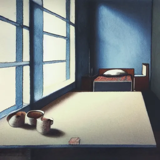 Image similar to a small room with window, bed on the right, a table with mirror on the left, hotei is on the table, an open book with painted by blue pen jesus, hyperrealism, light color, no hard shadow,