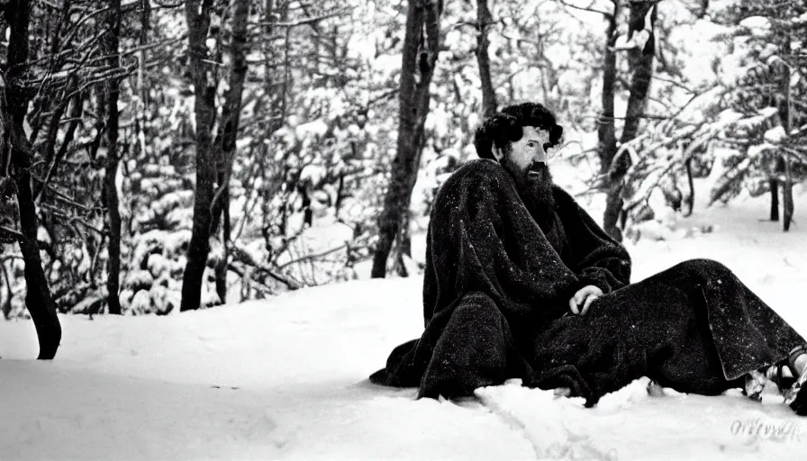 Image similar to 1 9 6 0 s movie still close up of marcus aurelius ill frozen lay on the snow by the side of a river with gravel, pine forests, cinestill 8 0 0 t 3 5 mm b & w, high quality, heavy grain, high detail, texture, dramatic light, anamorphic, hyperrealistic, detailed hair, foggy