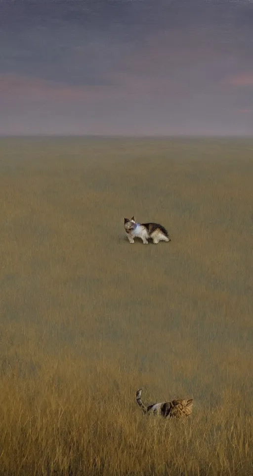 Image similar to a cat in the steppe, summer field, misty background, from the game pathologic 2, highly detailed, sharp focus, matte painting, by isaac levitan and asher brown durand,