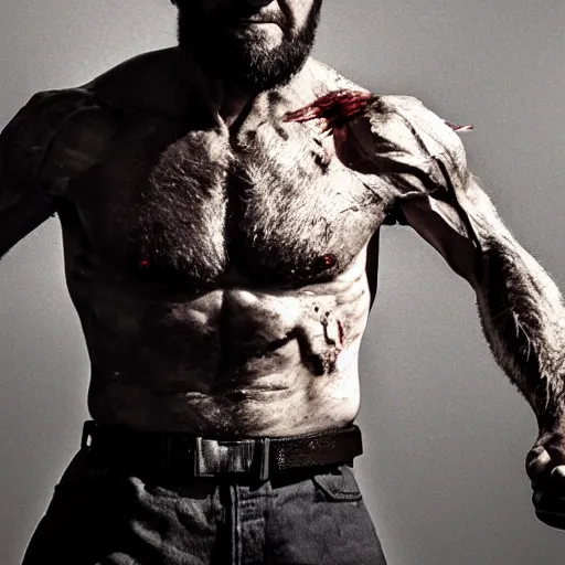 Image similar to the wolverine, butcher, zombie, full body shot by yousuf karsh, golden hour, realistic, body shot, sharp focus, 8 k high definition, insanely detailed, intricate, elegant