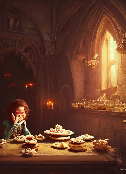 Prompt: highly detailed portrait of a medieval goblin eating cakes in a castle, stephen bliss, unreal engine, greg rutkowski, loish, rhads, beeple, makoto shinkai and lois van baarle, ilya kuvshinov, rossdraws, tom bagshaw, tom whalen, alphonse mucha, global illumination, god rays, detailed and intricate environment