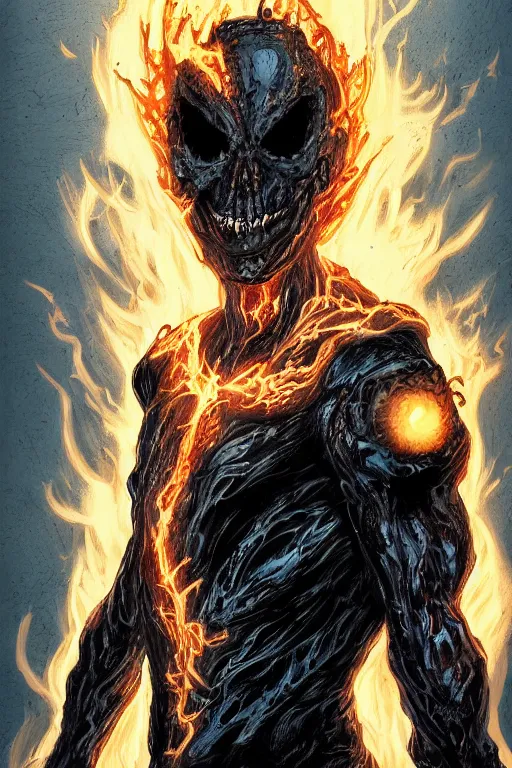 Image similar to ghost rider symbiote, comic strip style, dynamic lighting, fantasy concept art, trending on art station, stunning visuals, creative, cinematic, portrait, ultra detailed