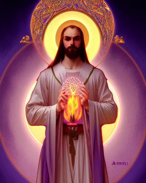 Prompt: symmetry portrait of saint germain holding a violet colored flame, intricate, elegant, highly detailed, digital painting, artstation, concept art, smooth, sharp focus, illustration, art by artgerm and greg rutkowski and fra angelico and alphons mucha