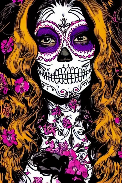 Prompt: Illustration of a sugar skull day of the dead girl, art by mike deodato