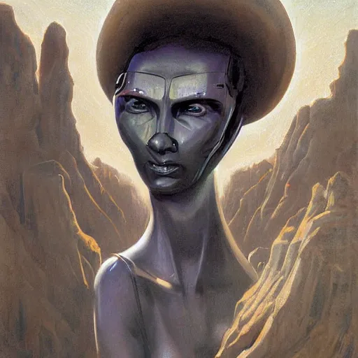 Prompt: detailed face of a woman with obsidian eyes in a wind eroded rock formation with robotic bishops at a science expo, atmospheric, ambient, pj crook, syd mead, livia prima, artgerm, greg rutkowski, nick alm, casey baugh