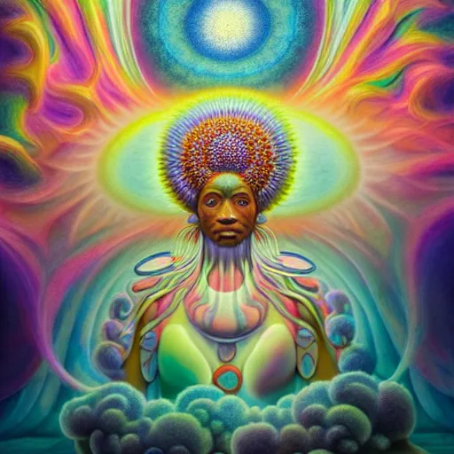 Image similar to obatala the cosmic god sitting in a cabana made of nebula clouds, by Adi granov and afarin sajedi and amanda sage and evgeni gordiets and Agostino Arrivabene in a psychedelic portrait style, ultrarealistic matte painting, volumetric lighting, fractal, extremely symmetrical, highly detailed face, orisha, 8k, hd