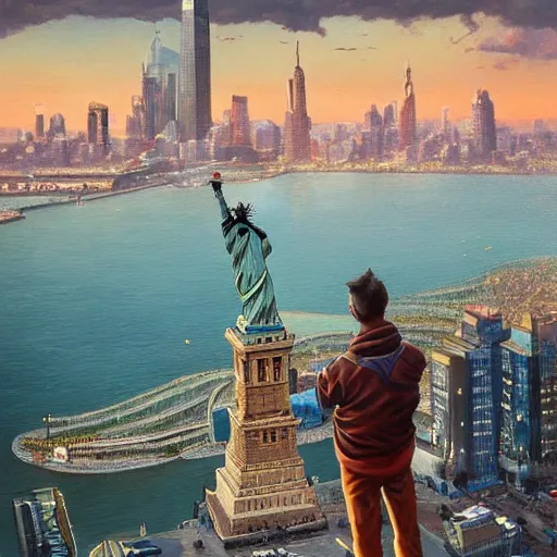 Image similar to very realistic painting of half man half eagle on the statue of liberty, watching the colorful city with highly detailed skyline, sunset, majestic, wonderful, fantasy, by Greg Rutkowski, Trending on Artstation, digital art