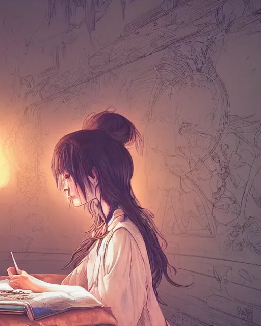 Prompt: a girl writing on a chalkboard, full shot, visible face, ambient lighting, detailed, art by ayami kojima, makoto shinkai, kilian eng