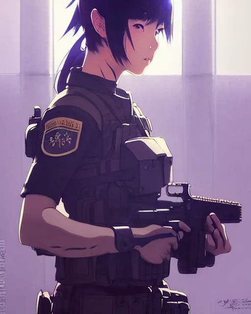 Prompt: soldier in riot gear | very very anime!!!, fine - face, audrey plaza, realistic shaded perfect face, fine details. anime. realistic shaded lighting poster by ilya kuvshinov katsuhiro otomo ghost - in - the - shell, magali villeneuve, artgerm, jeremy lipkin and michael garmash and rob rey