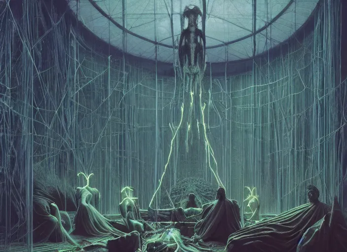 Image similar to satanic ritual, neon, they are watching, RGB, glowing wires everywhere, pristine, by Edgar Maxence and Ross Tran, Zdzisław Beksiński, and Michael Whelan, distant, gustav dore, H.R. Giger, 8k, octane render