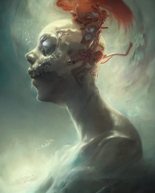 Image similar to realistic photo of a being shackled in the void, by akihiko yoshida and cgsociety. stunning goddess of speed charlie bowater and tom bagshaw, insanely detailed, artstation, space art. atoms surrounded by skulls and spirits deep under the sea, horror, sci - fi, surrealist painting, by peter mohrbacher