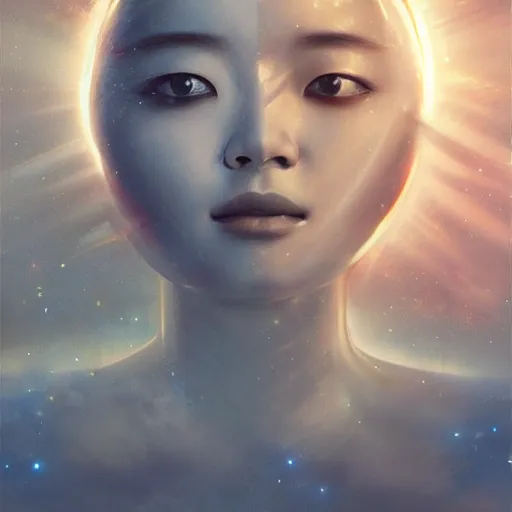 Prompt: sci - fi, close - up, 3 d, moon rays, night, asian sleepy fashion model face, cinematic, clouds, sun rays, vogue cover style, poster art, blue mood, realistic painting, intricate oil painting, high detail illustration, figurative art, multiple exposure, 3 d, by tooth wu and wlop and beeple and greg rutkowski