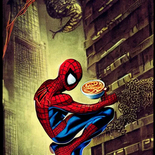 Prompt: spiderman eating ramen in a liminal space, H.R. Giger, creepy, found footage, liminal space, realistic, 4k