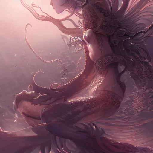 Image similar to Fallen Mother Goddess，hyper detailed, character concept, Cthulhu,lfull body, dynamic pose，intricate, lineart, cerpuscular rays, by yoshitaka amano, WLOP