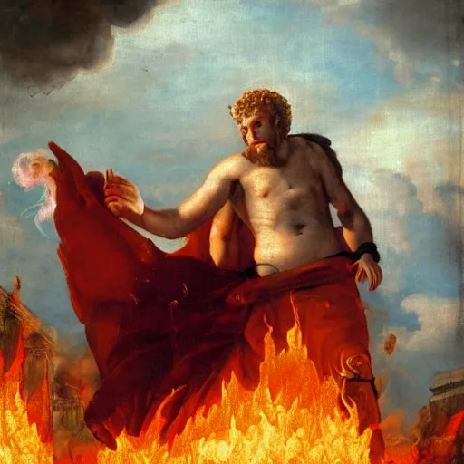 Image similar to emperor nero setting rome on fire, old master painting, ultra realistic details, 8 k