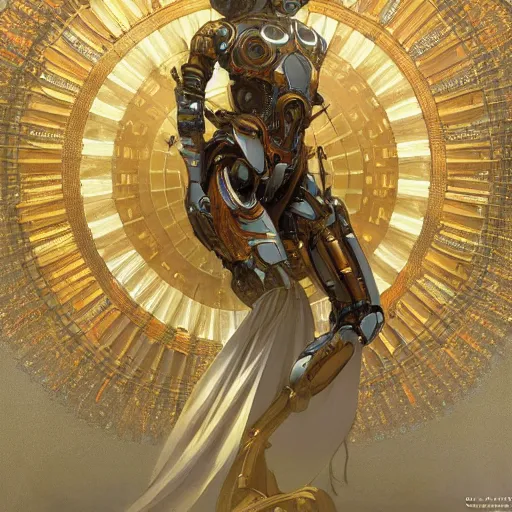 Prompt: a stunning dynamic pose full body of a celestial robot, intricate, 8k highly professionally detailed, hdr, CGSociety, dark fantasy, dynamic lighting, cinematic, pristine, smooth, cosplay, elegant, sharp focus, art by alphonse mucha and greg rutkowski,