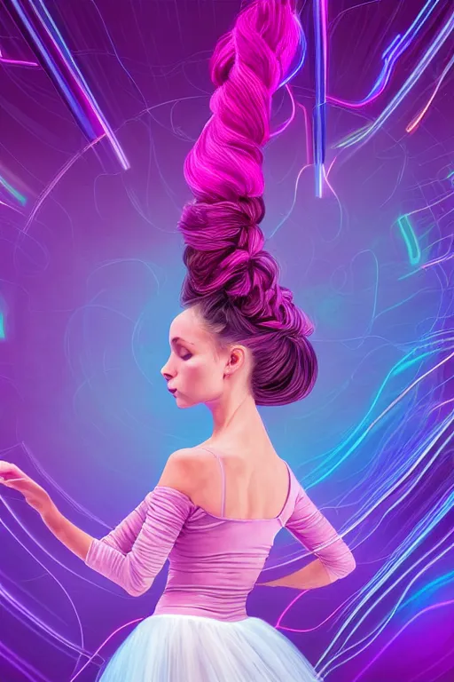 Image similar to a award winning half body portrait of a beautiful ballerina in a crop top and tutu with ombre purple pink teal hairstyle and hands in pockets by ari liloan, surrounded by whirling illuminated lines, outrun, vaporware, shaded flat illustration, digital art, trending on artstation, highly detailed, fine detail, intricate