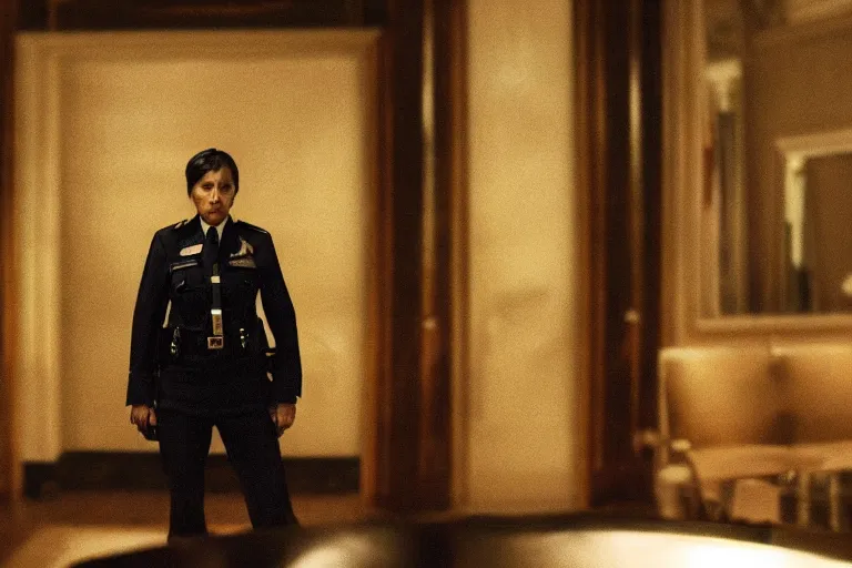 Image similar to cinematography closeup portrait of a woman cop in an decadent mansion foyer by Emmanuel Lubezki