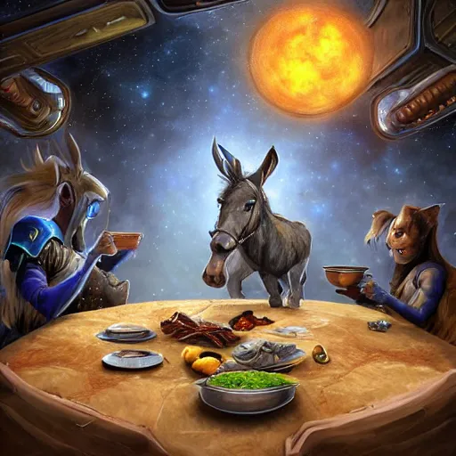 Image similar to zoom out, ultrarealistic, ultradetailed, war donkey eating breakfast, sitting on a futuristic table with aliens, at the end of the universe, very very very ultradetailed, epic fantasy style art, fantasy epic digital art, epic fantasy art, hearthstone style art, pathfinder, dungeons and dragons, floral, planets, stars, galaxies, highlights, organic, concept art