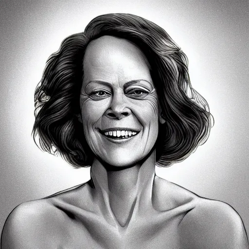 Image similar to sigourney weaver, smiling, happy, beautiful, intelligent, powerful, white hair, loving eyes, fully clothed, wise, beautiful, dramatic lighting, sharp focus, by stanley artgerm, dramatic lighting, trending on artstation, flat colour, geometric curves, gradient filter, art deco patterns